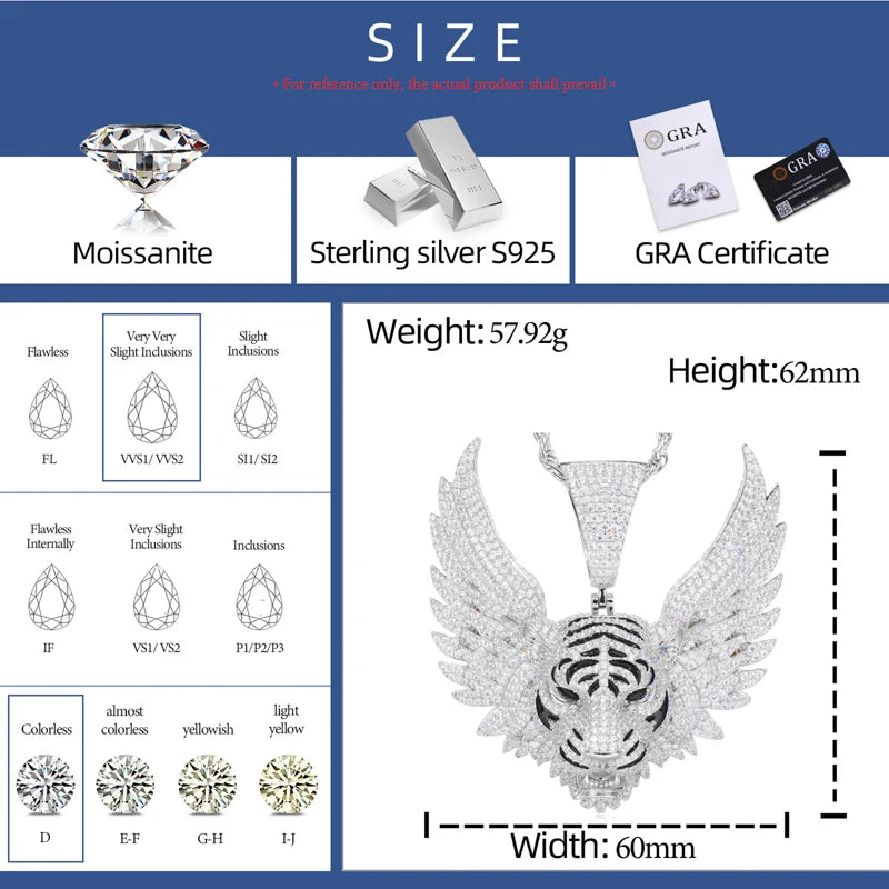 925 Sterling Silver Iced Out Winged Tiger Head Pendant Necklace - Different Drips