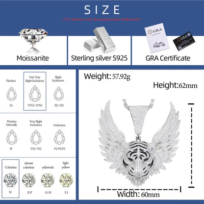 925 Sterling Silver Iced Out Winged Tiger Head Pendant Necklace - Different Drips