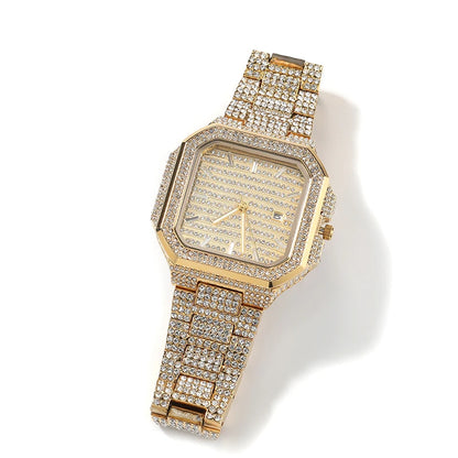 Green Iced Square Face Black Metal Watch