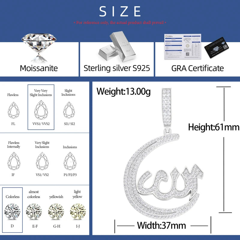 S925 Moissanite Crescent Allah Pendant - Different Drips