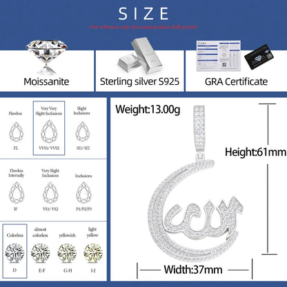 S925 Moissanite Crescent Allah Pendant - Different Drips