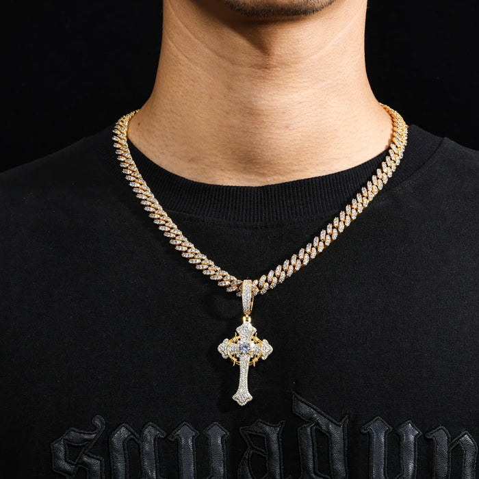 S925 Moissanite Two-Tone Cross Pendant with Crown Halo Detail - Different Drips
