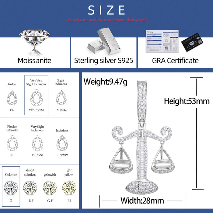 S925 Moissanite Baguette Diamond Justice Scale Pendant - Different Drips