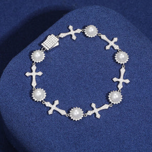 12mm S925 Moissanite Cross Link Pearl Cluster Bracelet - Different Drips