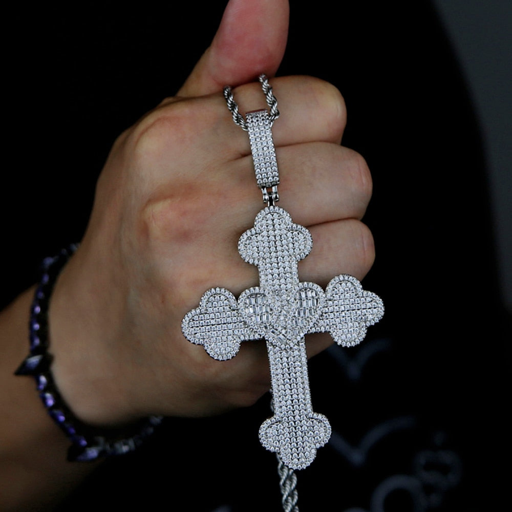 Iced Baguette Heart Cross Pendant - Different Drips