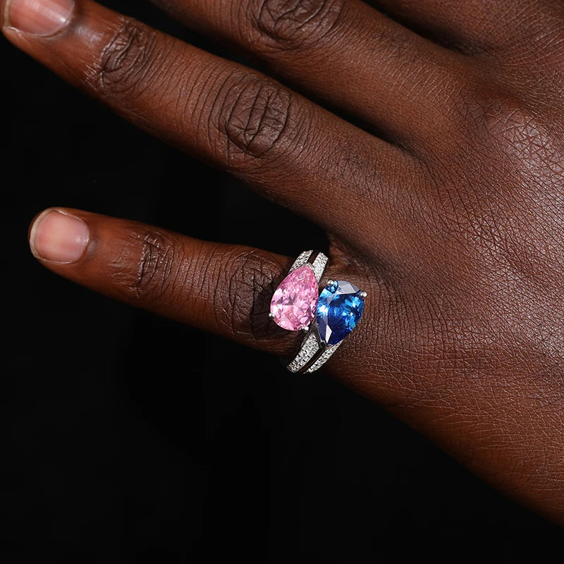 S925 Moissanite Pink & Blue Gem Ring - Different Drips