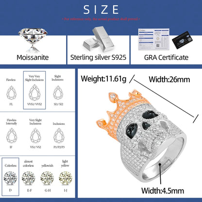S925 Moissanite Diamond Crowned Skull Ring - Different Drips