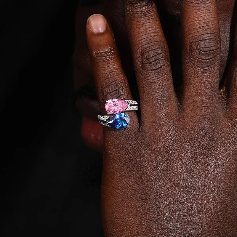 S925 Moissanite Pink & Blue Gem Ring - Different Drips