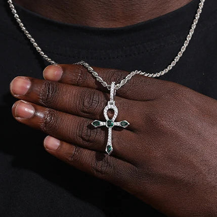 S925 Emerald Moissanite Ankh Cross Pendant - Different Drips