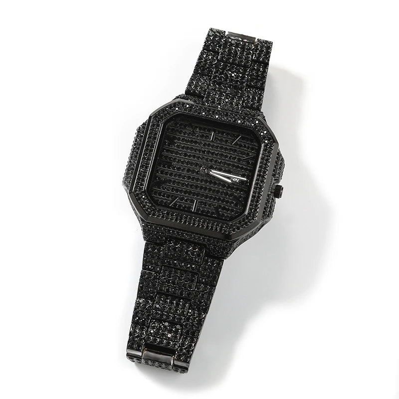 Green Iced Square Face Black Metal Watch