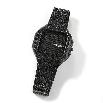 Green Iced Square Face Black Metal Watch