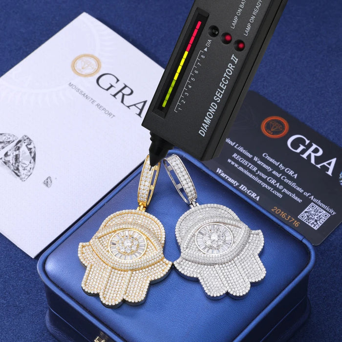 S925 Moissanite Baguette Diamond Hamsa Pendant - Different Drips