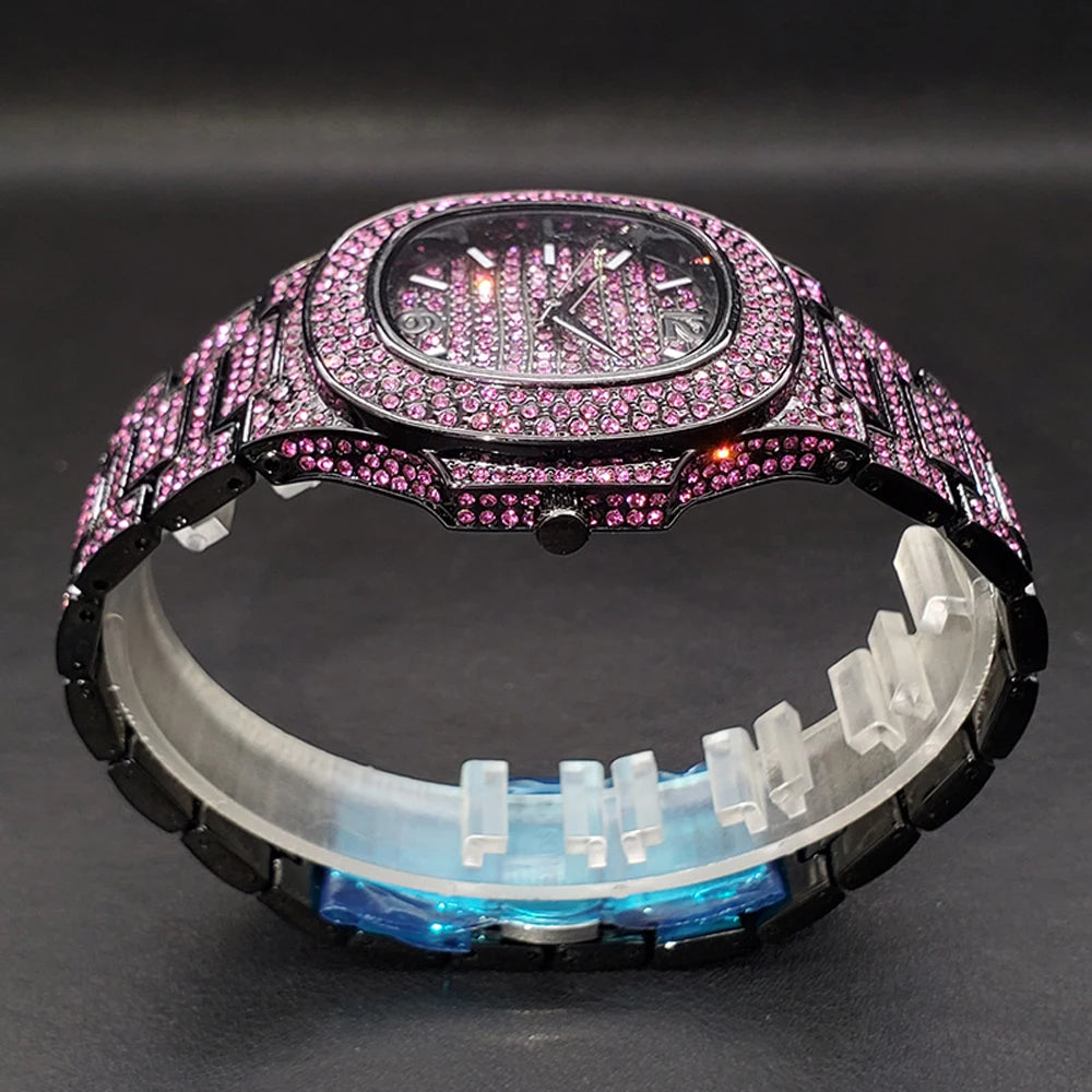 Bust Down Pink Cushion Case Watch with Date Window - Different Drips