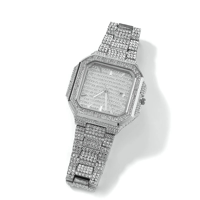 Green Iced Square Face Black Metal Watch