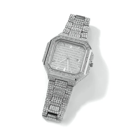 Green Iced Square Face Black Metal Watch