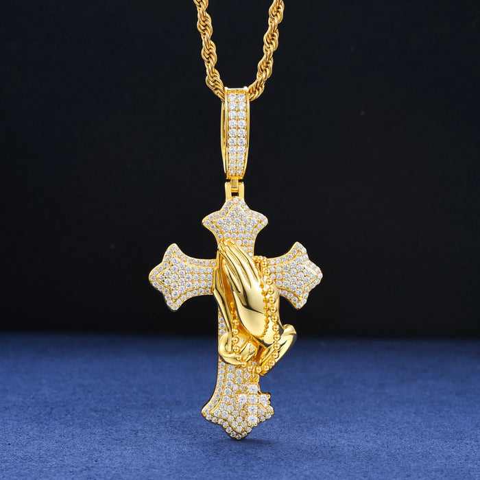 S925 Moissanite Praying Hands Cross Pendant - Different Drips