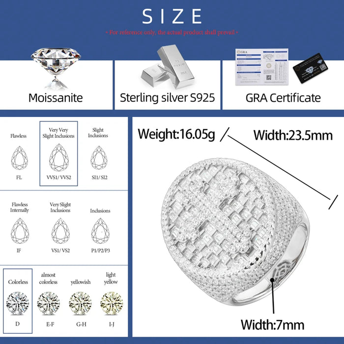 S925 Baguette Moissanite Diamond Cross Signet Ring - Different Drips