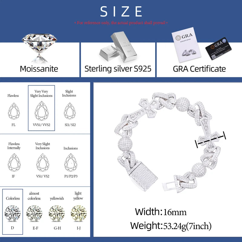 925 Sterling Silver Iced Out Moissanite Cross Link Bracelet - Different Drips