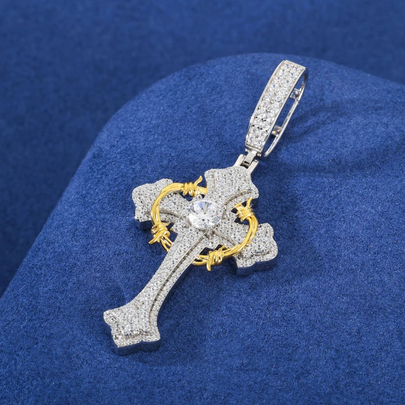 S925 Moissanite Two-Tone Cross Pendant with Crown Halo Detail - Different Drips