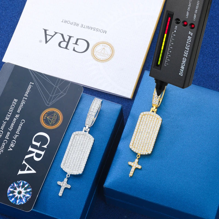 S925 Moissanite Iced Dog Tag Pendant with Dangling Cross - Different Drips