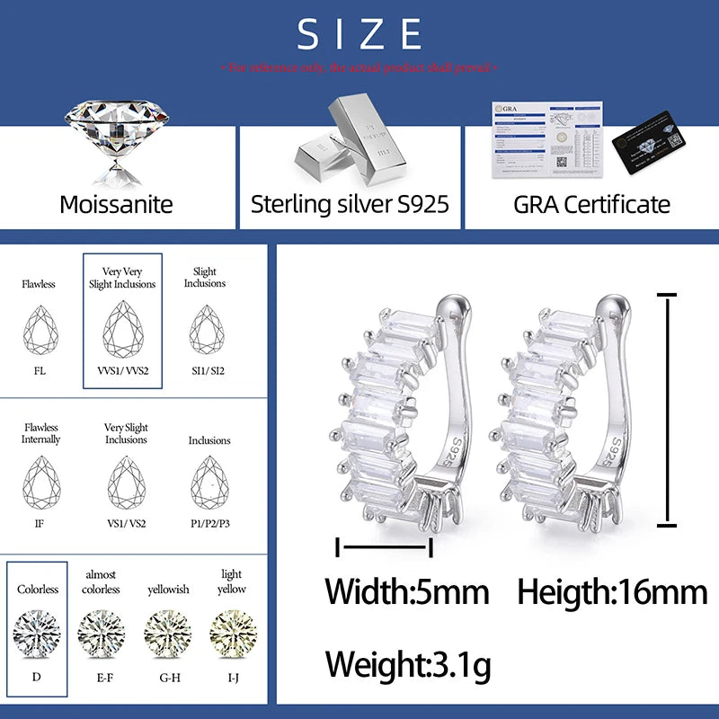 S925 Moissanite Baguette Huggie Earrings - Different Drips