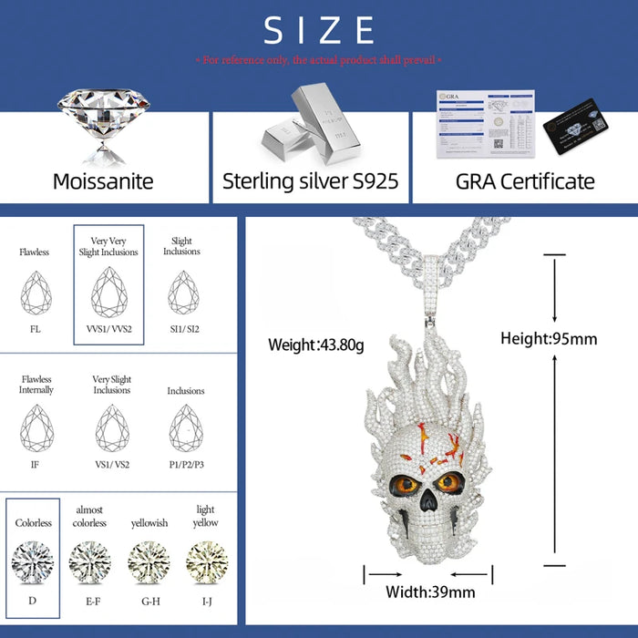 S925 Moissanite Diamond Flame Skull Pendant - Different Drips