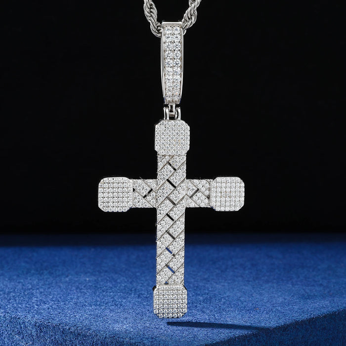 Basket-Weave Iced Moissanite Cross Pendant - Different Drips