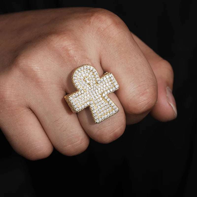 S925 Moissanite Pave Cluster Ankh Cross Ring - Different Drips