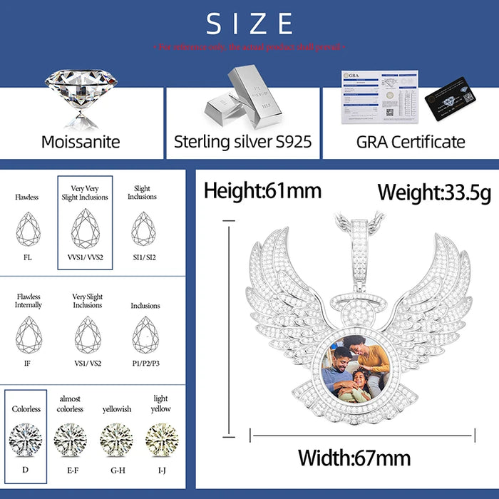 S925 Moissanite Diamond Angel Wings Custom Photo Pendant - Different Drips
