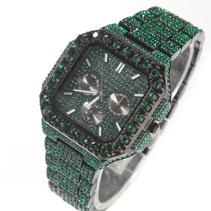 Iced Emerald Green Square Chronograph Watch