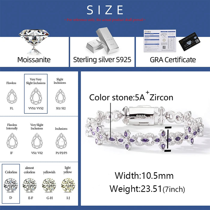 S925 Moissanite Purple Floral Tennis Bracelet - Different Drips