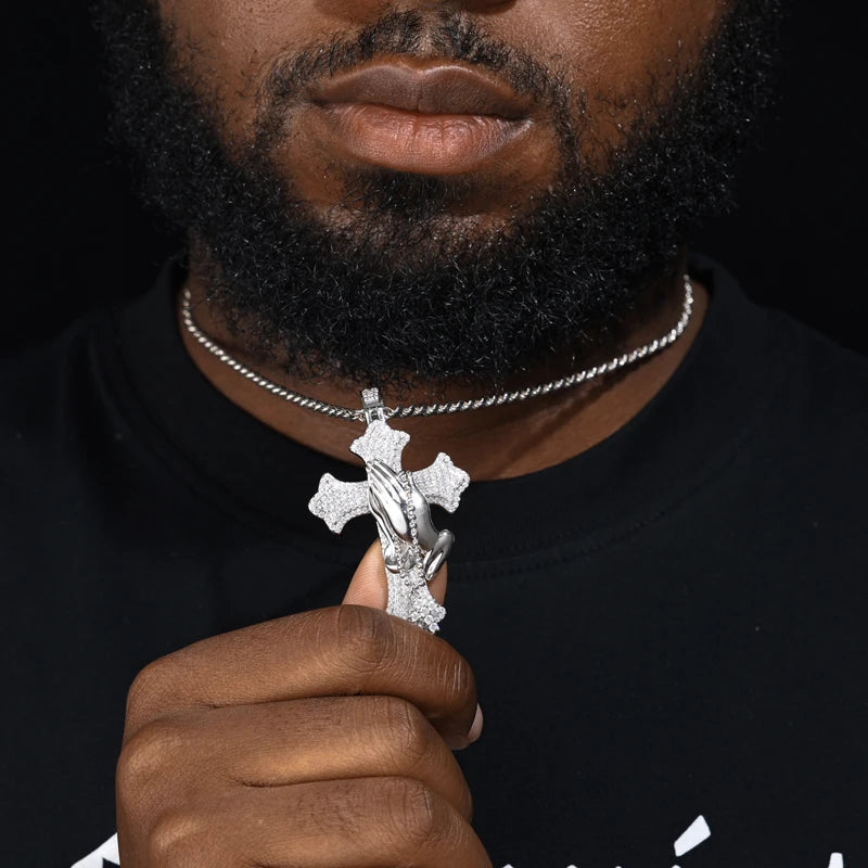 S925 Moissanite Praying Hands Cross Pendant - Different Drips