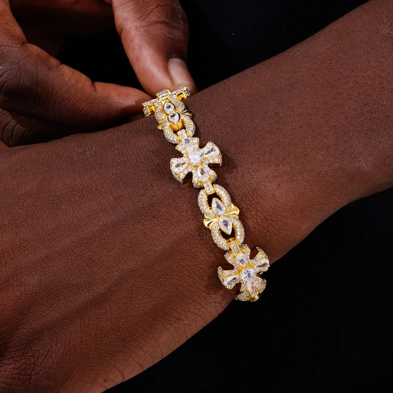 925 Sterling Silver Iced Out Moissanite Holy Light Cross Bracelet - Different Drips