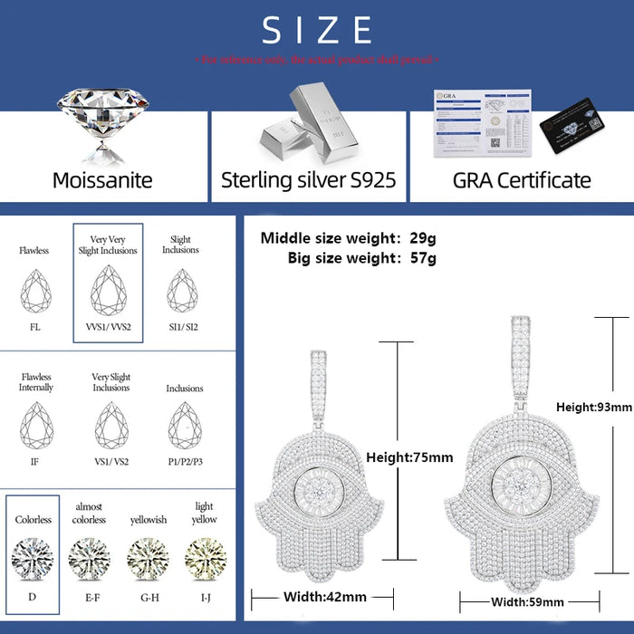 S925 Moissanite Baguette Diamond Hamsa Pendant - Different Drips