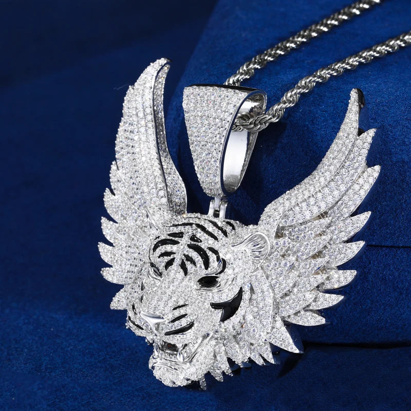 925 Sterling Silver Iced Out Winged Tiger Head Pendant Necklace - Different Drips