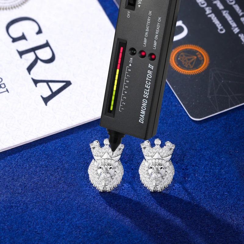 925 Sterling Silver Iced Crowned Lion Head Stud Earrings - Different Drips