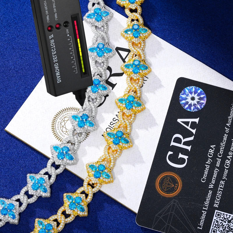 925 Sterling Silver Iced Moissanite Clover Halo Link Bracelet - Different Drips