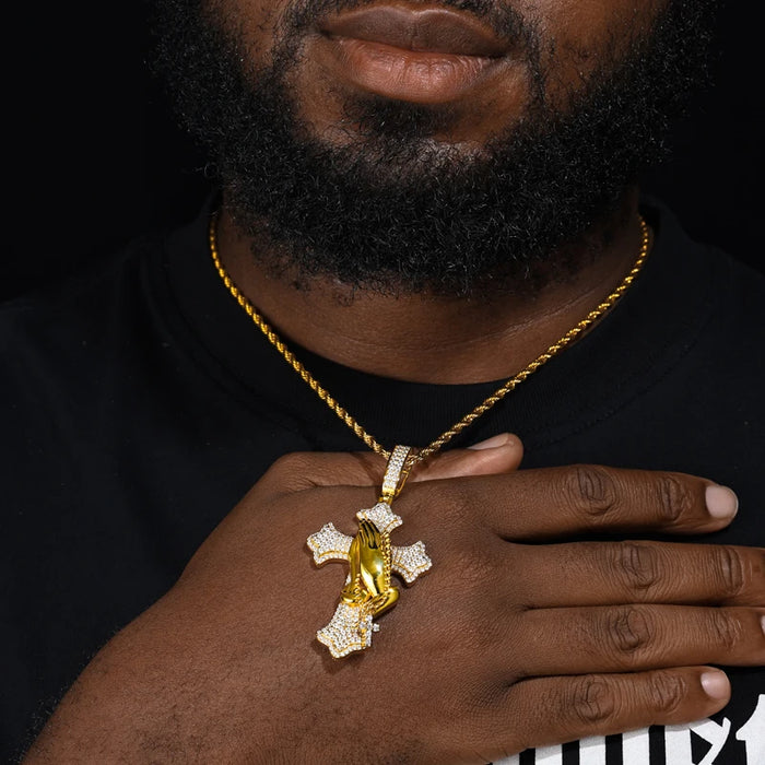 S925 Moissanite Praying Hands Cross Pendant - Different Drips