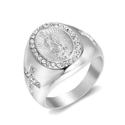 Iced Virgin Mary Cross Signet Ring - Different Drips