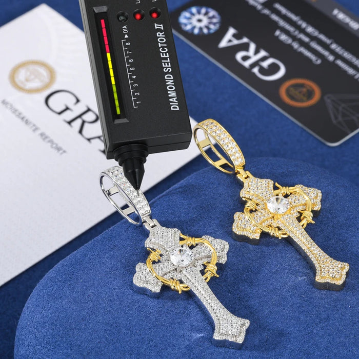 S925 Moissanite Two-Tone Cross Pendant with Crown Halo Detail - Different Drips