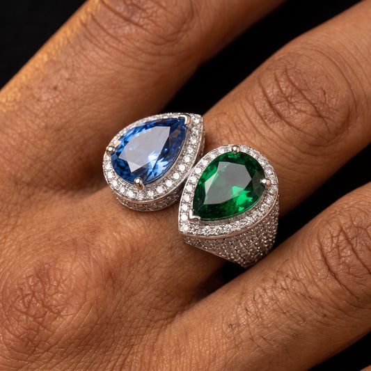 S925 Moissanite Blue & Green Gem Ring - Different Drips