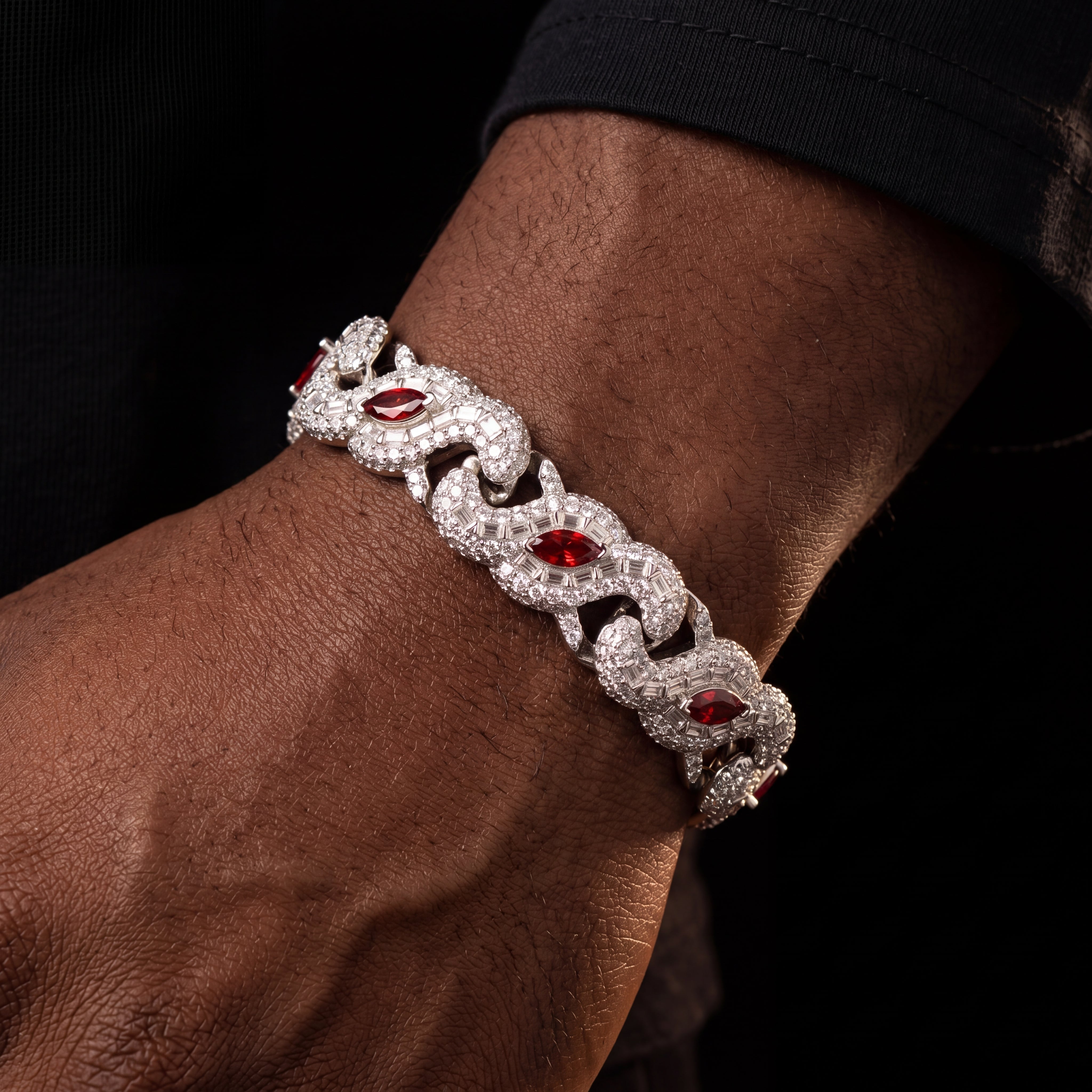 925 Sterling Silver Iced Out Moissanite Red Crimson Eye Design Bracelet - Different Drips