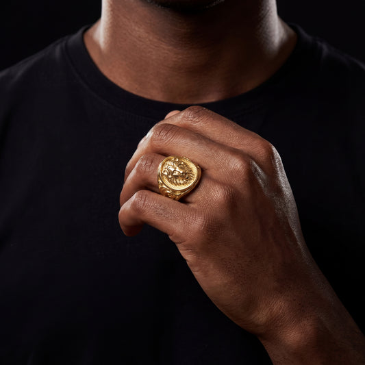 Gold Lion Head Signet Ring - Different Drips