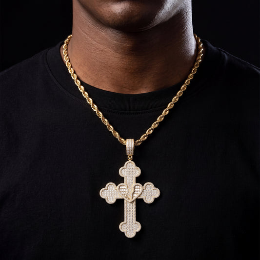 Iced Baguette Heart Cross Pendant - Different Drips