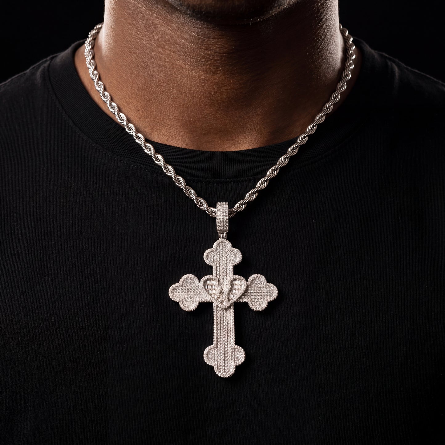 Iced Baguette Heart Cross Pendant - Different Drips