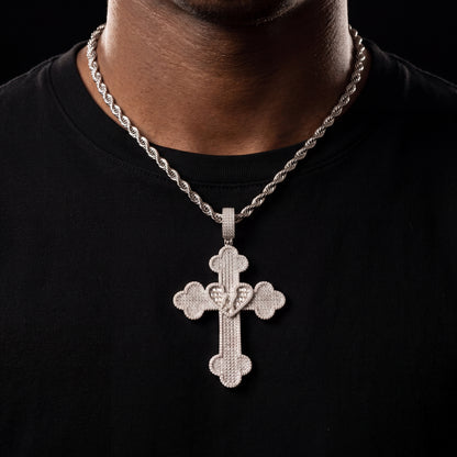 Iced Baguette Heart Cross Pendant - Different Drips