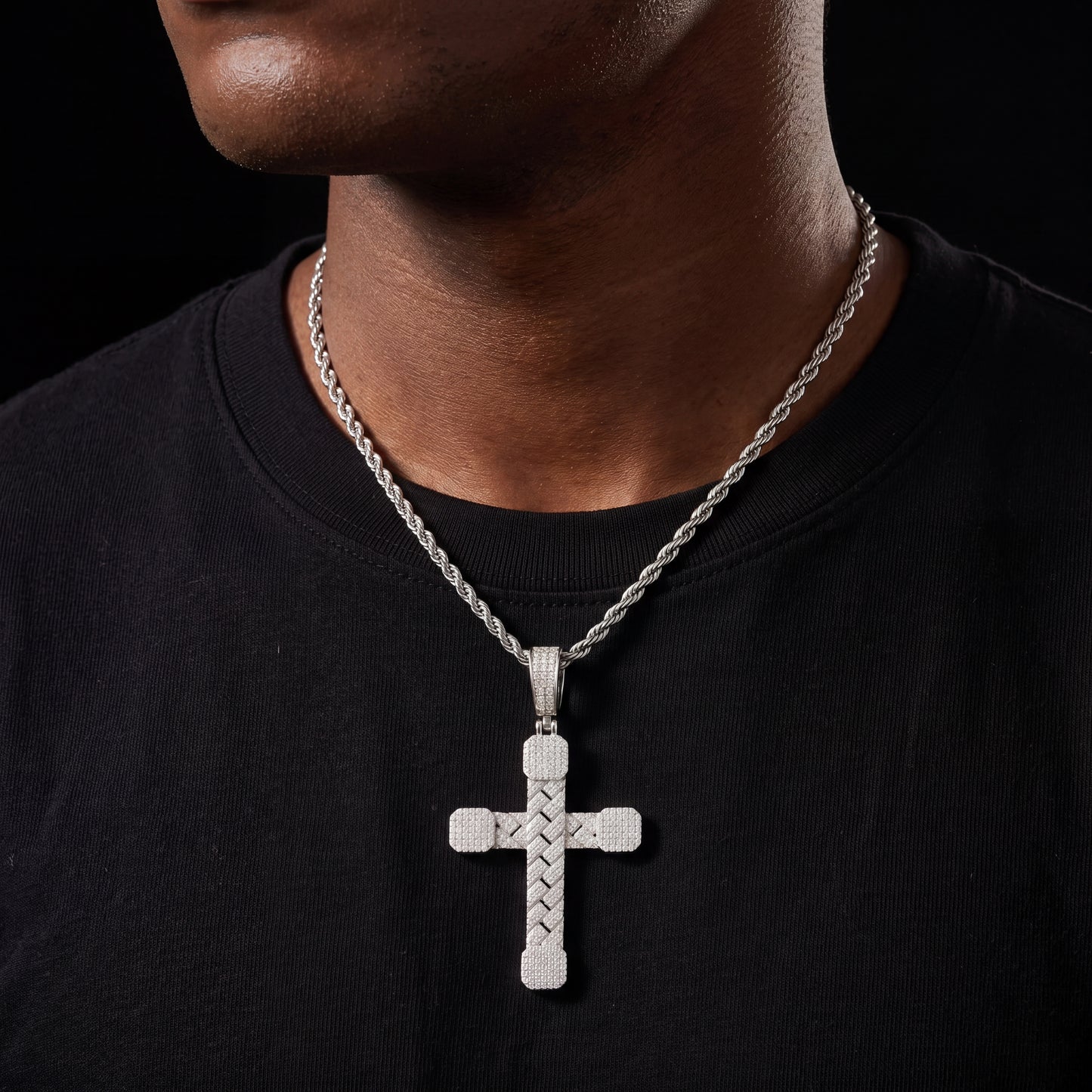 Basket-Weave Iced Moissanite Cross Pendant - Different Drips