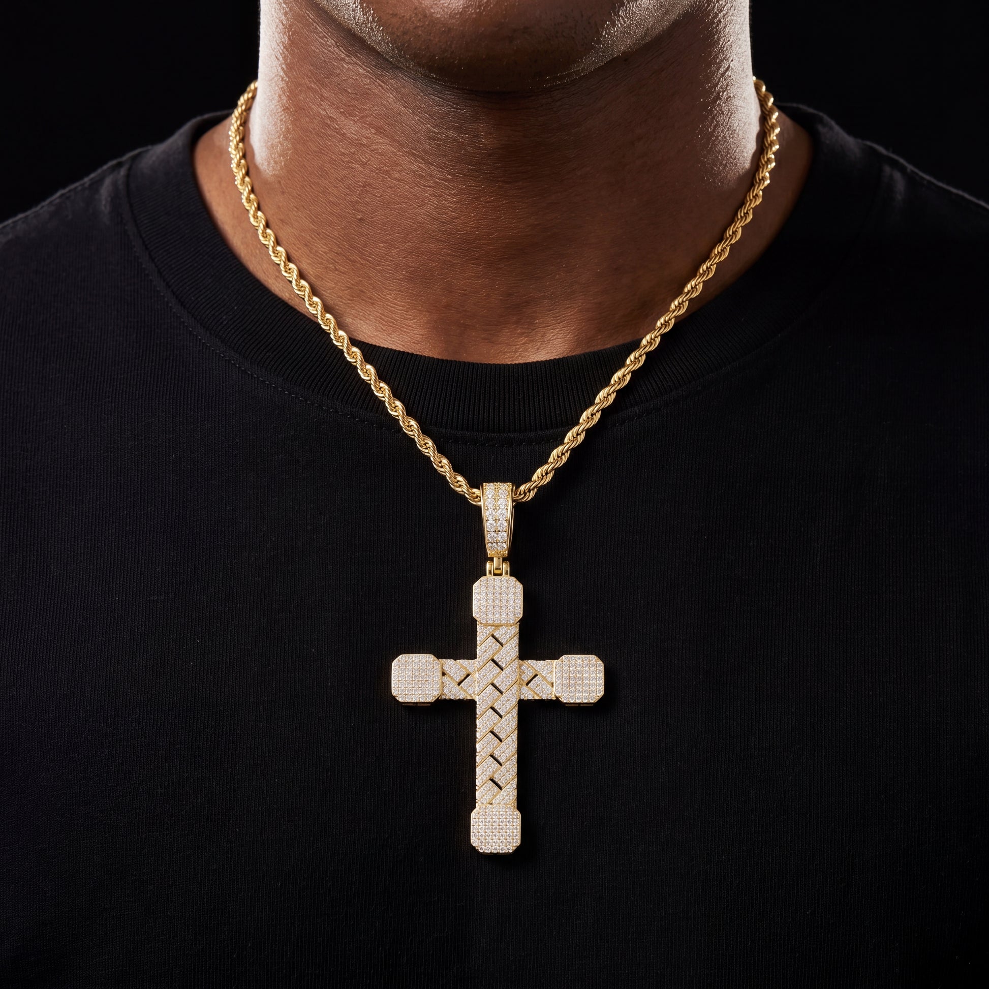 Basket-Weave Iced Moissanite Cross Pendant - Different Drips
