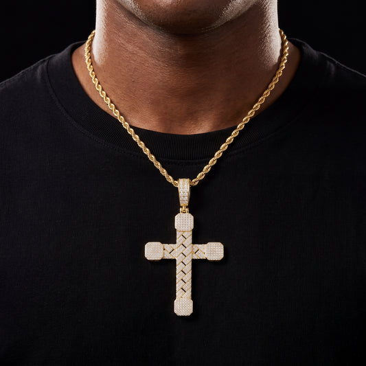 Basket-Weave Iced Moissanite Cross Pendant - Different Drips