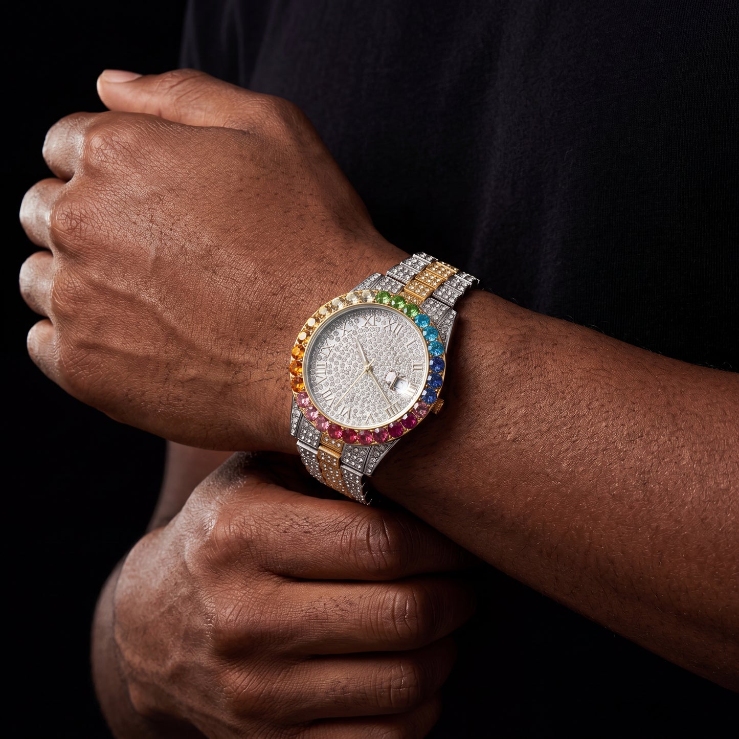Iced Multi-Color Roman Numeral Watch - Different Drips